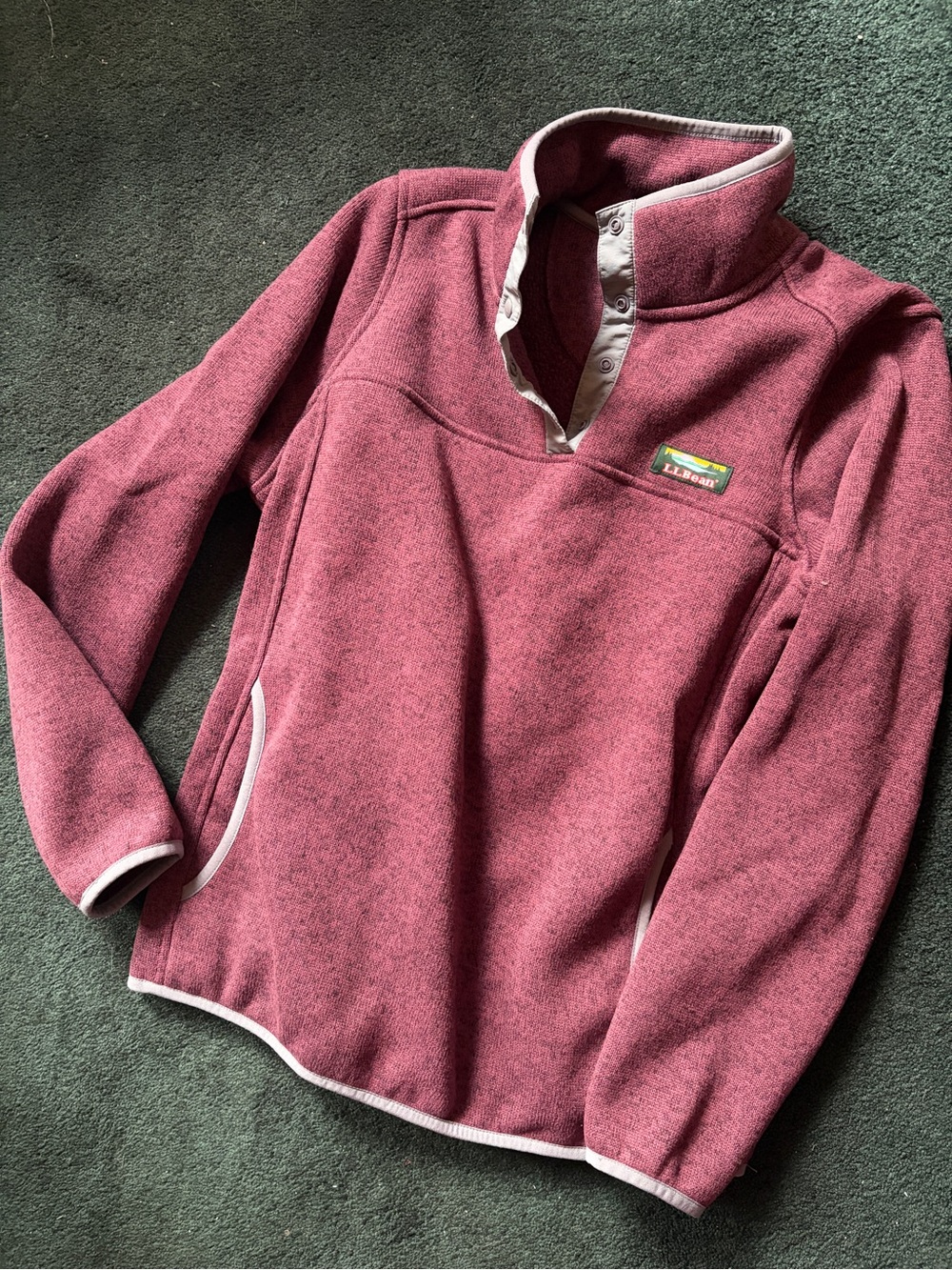 L.L. Bean Women's PETITE Maroon Heather Fleece Snap-Quarter Pullover